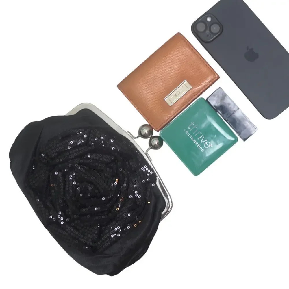 NWT Black Satin Lace & Sequin Rose Clutch Kiss Lock Holiday Evening Cottagecore